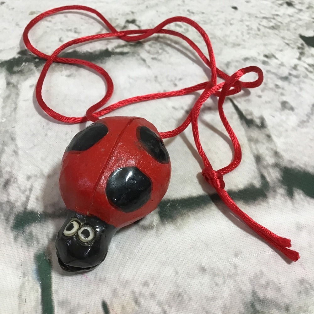 Ladybug Pendant Necklace Clay Whistle Red Black On Red‎ Cord